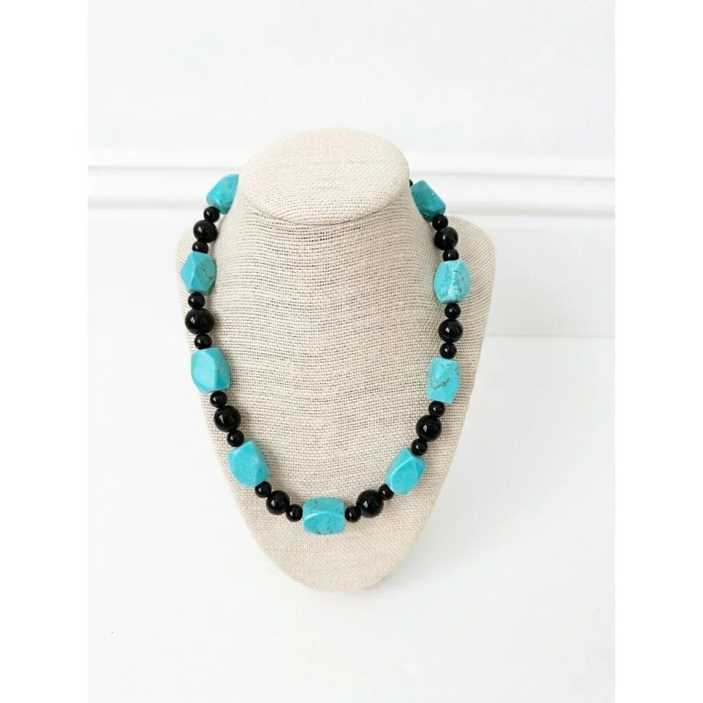 NWT Genuine Turquoise & Black Onyx Necklace Beaded Blue Black